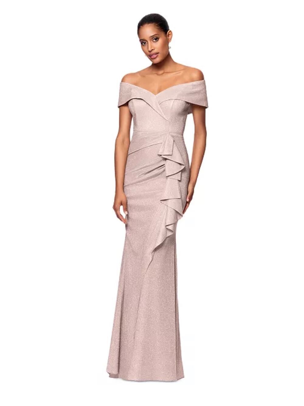 XSCAPE "Raveena" Long Foil Knit Off Shoulder Floor Length Ruffle Dress 12 NWT